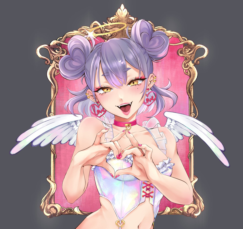 angel basedkawaii blush border breasts choker double-parted_bangs double_bun earrings fangs feathered_wings female frilled_bustier frills gleam grey_background hair_bun halo heart heart-shaped_hair heart_choker heart_earrings heart_hands highres inset_border jewelry lace-up_top looking_at_viewer medium_breasts medium_hair mole mole_under_eye multiple_piercings navel original ornate_border pendant_choker piercing purple_hair red_background red_choker red_lips red_nails smile teeth tongue_piercing upper_body upper_teeth_only white_bustier white_wings wings yellow_eyes