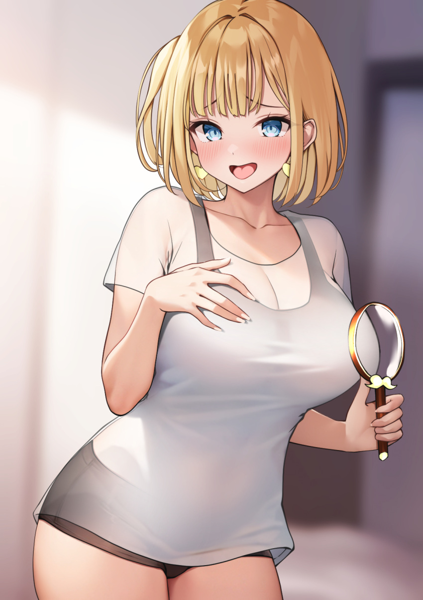 :d black_panties black_sports_bra blonde_hair blue_eyes blurry blurry_background blush breasts briefs cleavage commentary_request contrapposto earrings female hand_up heart heart_earrings highres holding holding_magnifying_glass hololive hololive_english indoors jewelry large_breasts looking_at_viewer magnifying_glass male_underwear median_furrow medium_hair no_pants one_side_up open_mouth otokucha panties see-through_clothes see-through_shirt shirt smile solo sports_bra stomach t-shirt underwear virtual_youtuber watson_amelia white_shirt