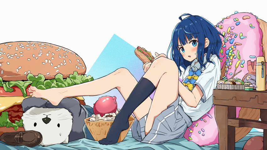 ahoge asymmetrical_legwear barefoot black_socks blue_eyes blue_hair blush eyebrows_hidden_by_hair female food food-themed_pillow from_side full_body grey_skirt highres holding holding_food hot_dog looking_at_viewer make_heroine_ga_oo_sugiru! open_mouth otter qiufengxiaose school_uniform shirt simple_background skirt socks soles solo sweatdrop thermos toes unworn_footwear white_shirt yanami_anna