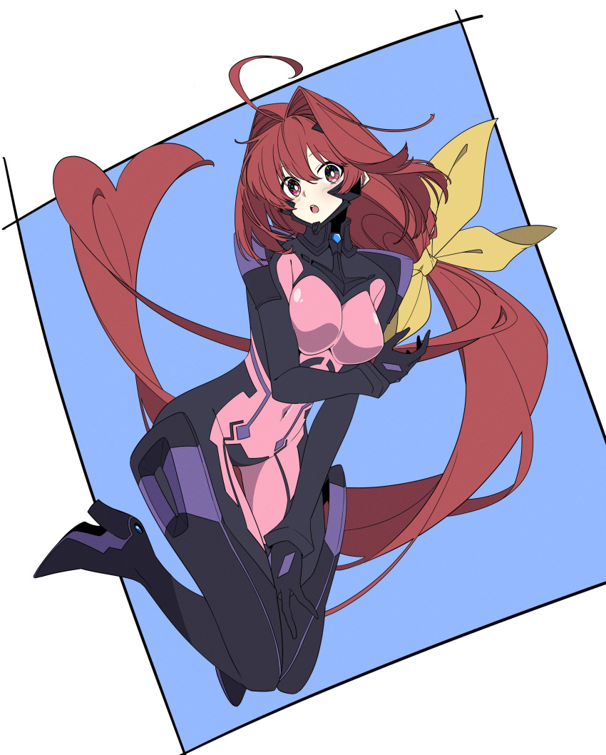 :o absurdly_long_hair absurdres ahoge armored_bodysuit black_footwear blush bodysuit boots bow breasts bright_pupils covered_navel female fortified_suit hair_intakes hairbow high_heel_boots high_heels highres impossible_bodysuit impossible_clothes kagami_sumika kamon_rider long_hair looking_at_viewer low_ponytail medium_breasts multicolored_eyes muv-luv muv-luv_alternative open_mouth pilot_suit pink_bodysuit ponytail red_eyes red_hair ribbon solo thigh_boots very_long_hair white_pupils yellow_bow