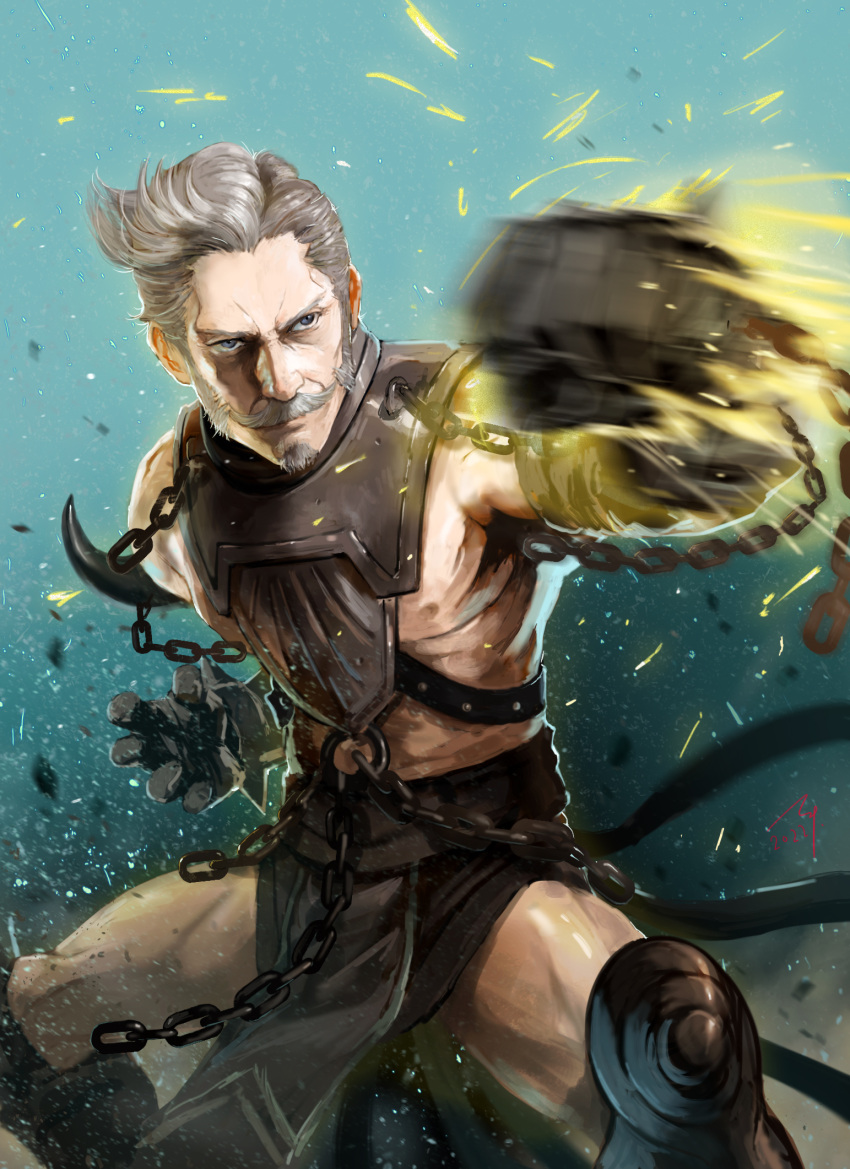 1boy armor black_gloves blue_eyes chains chest_armor chest_strap commentary_request dated debris facial_hair fire_emblem fire_emblem:_three_houses gloves goatee grey_hair hanneman_von_essar highres holding holding_chain leg_armor long_sideburns male_focus mature_male motion_blur moustache o-ring old old_man short_hair sideburns signature soeda_ippei solo sparks spikes spread_legs