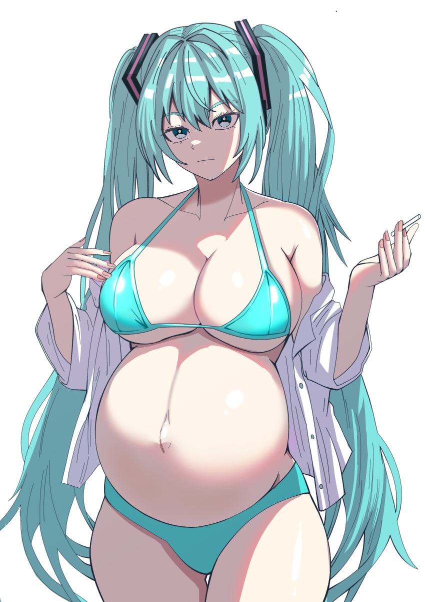 absurdres alternate_breast_size big_belly bikini blue_bikini blue_eyes blue_hair breasts chalk chinese_commentary cleavage collarbone cowboy_shot female frown hair_between_eyes hatsune_miku highres holding holding_chalk large_breasts long_hair looking_at_viewer outie_navel pink_nails pregnant shirt simple_background solo stark_(shitake) swimsuit twintails very_long_hair vocaloid white_shirt