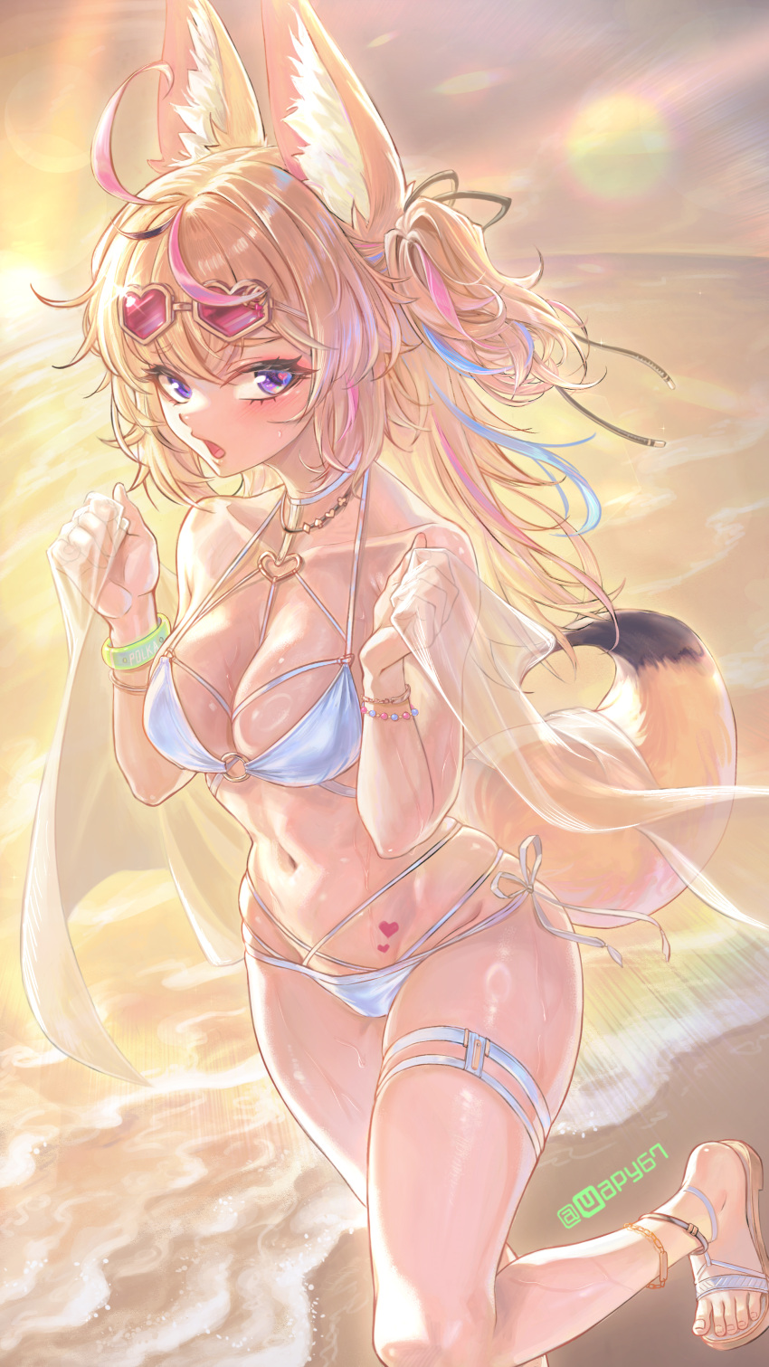 absurdres alternate_costume animal_ear_fluff animal_ears anklet antenna_hair bare_shoulders beach bikini blonde_hair bracelet breasts collarbone eyewear_on_head female fox_ears fox_girl fox_tail halterneck heart heart-shaped_eyewear heart-shaped_pupils heart_o-ring heart_tattoo highres hololive jewelry long_hair medium_breasts multicolored_hair multiple_bracelets navel necklace o-ring o-ring_bikini ocean omaru_polka open_mouth purple_eyes sandals solo stomach stomach_tattoo streaked_hair sunglasses swimsuit symbol-shaped_pupils tail tattoo thigh_strap twitter_username virtual_youtuber wuest