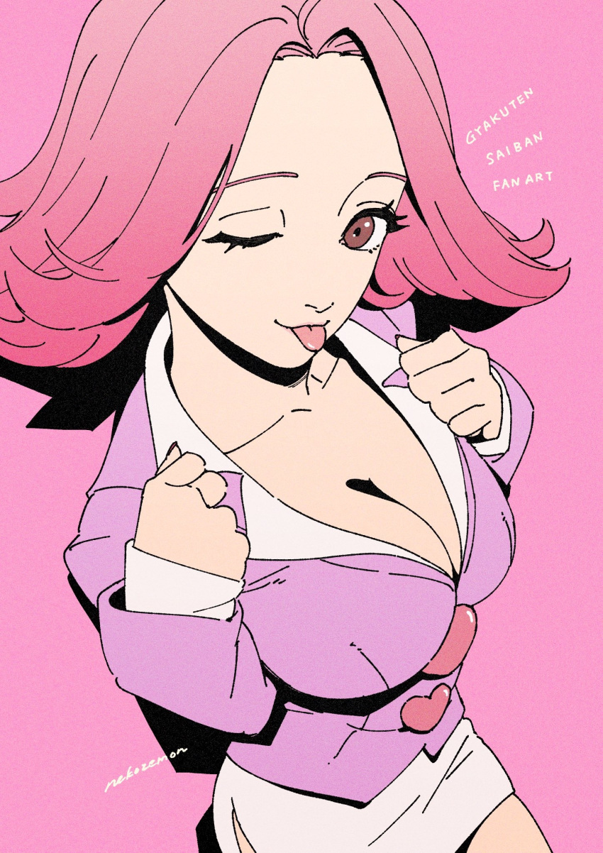 april_may artist_name breasts buttons cleavage commentary_request cowboy_shot eyelashes female gyakuten_saiban heart_button highres jacket large_breasts long_sleeves medium_hair nekozemon one_eye_closed phoenix_wright:_ace_attorney pink_hair pink_jacket pink_nails red_eyes shirt side_slit skirt solo tongue tongue_out white_shirt white_skirt