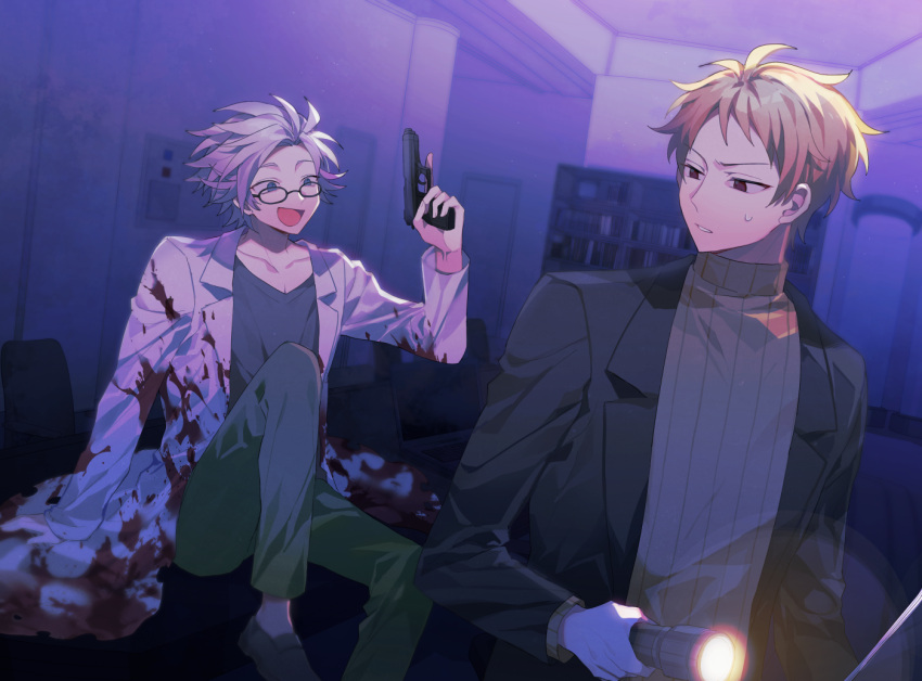 2boys atou_haruki black_footwear black_jacket black_shirt blonde_hair blood blood_on_clothes chinese_commentary commentary_request dutch_angle flashlight glasses green_pants grey_hair gun holding holding_flashlight holding_gun holding_weapon indoors jacket kanou_aogu lab_coat lapels long_sleeves male_focus multiple_boys notched_lapels open_clothes open_jacket open_mouth pants red_eyes ribbed_sweater saibou_shinkyoku sakuraihum shirt short_hair sitting smile sweat sweater turtleneck turtleneck_sweater weapon