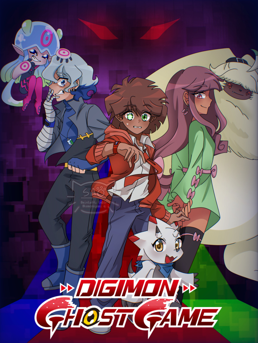 absurd_res angoramon anthro bandai_namco brown_hair digimon digimon_(species) digimon_ghost_game english_text female fur gammamon grey_hair group hair hair_over_eyes hi_res hiro_amanokawa human humanoid jellymon kiyoshiro_higashimitarai lagomorph leporid long_ears male mammal mintaffy ponytail_ears rabbit ruri_tsukiyono scalie tentacle text white_body yellow_body yellow_fur