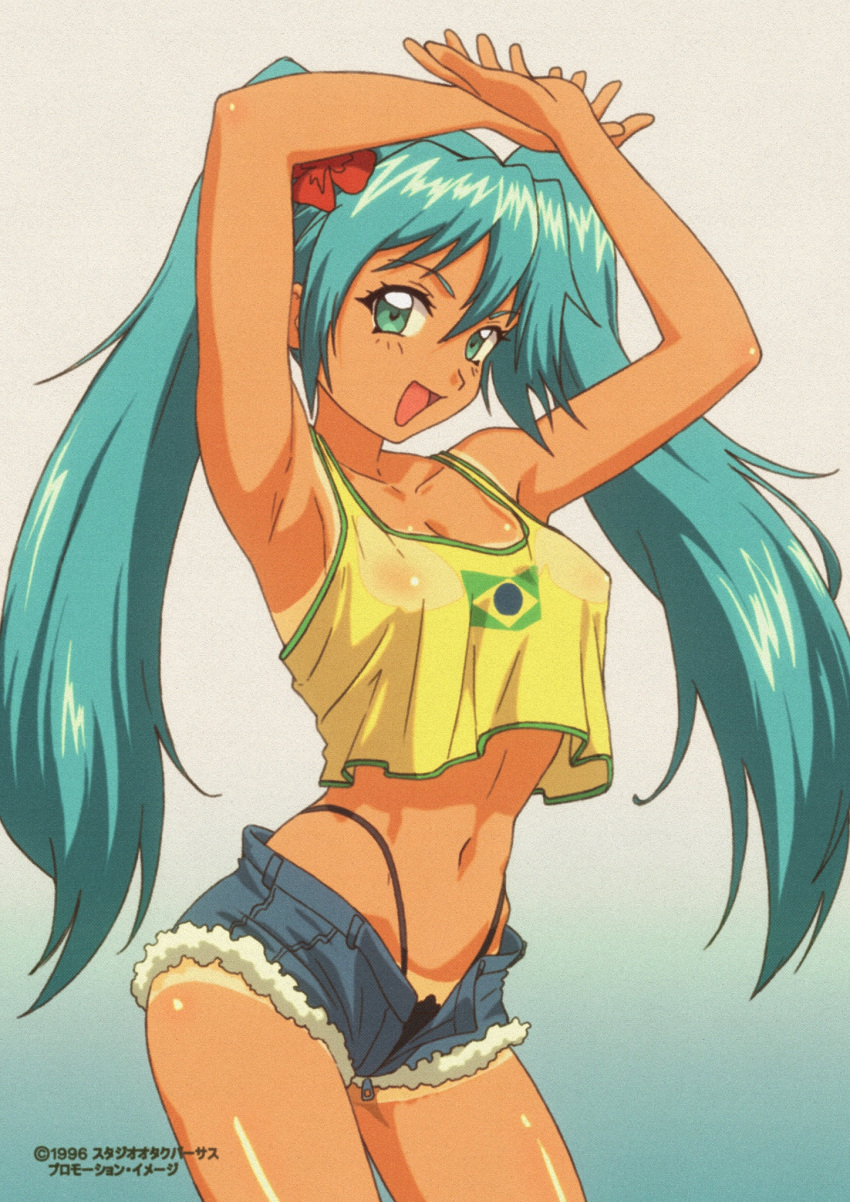 1990s_(style) :d aqua_hair armpits arms_up bikini bikini_under_clothes bikini_under_shorts black_bikini brazilian_flag_print brazilian_miku breasts commentary cowboy_shot cropped_shirt dark-skinned_female dark_skin denim denim_shorts english_commentary female flower gradient_background hair_ornament hatsune_miku highleg highleg_bikini highres long_hair looking_at_viewer medium_breasts navel otachanshow retro_artstyle shirt shorts simple_background smile solo standing swimsuit tan tank_top tanlines translation_request twintails vocaloid yellow_shirt yellow_tank_top