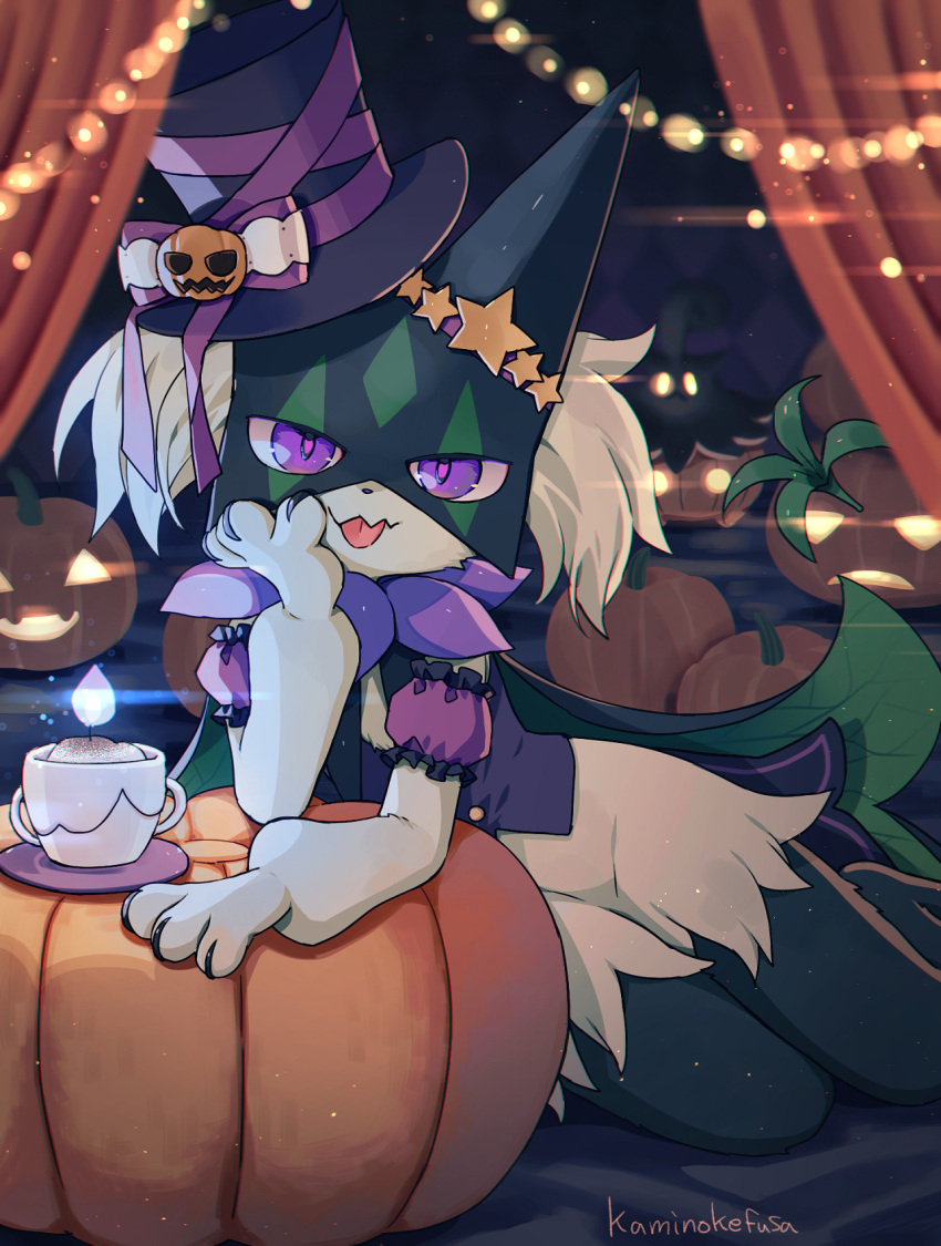 alternate_color bow cape cup fire furry green_hair halloween hat highres hot_chocolate jack-o'-lantern kaminokefusa looking_at_viewer lying mask meowscarada_(halloween) mug plate pokemon pokemon_(creature) pokemon_cafe_remix pumpkaboo pumpkin purple_eyes purple_hat ribbon shiny_pokemon tongue tongue_out top_hat wavy_mouth