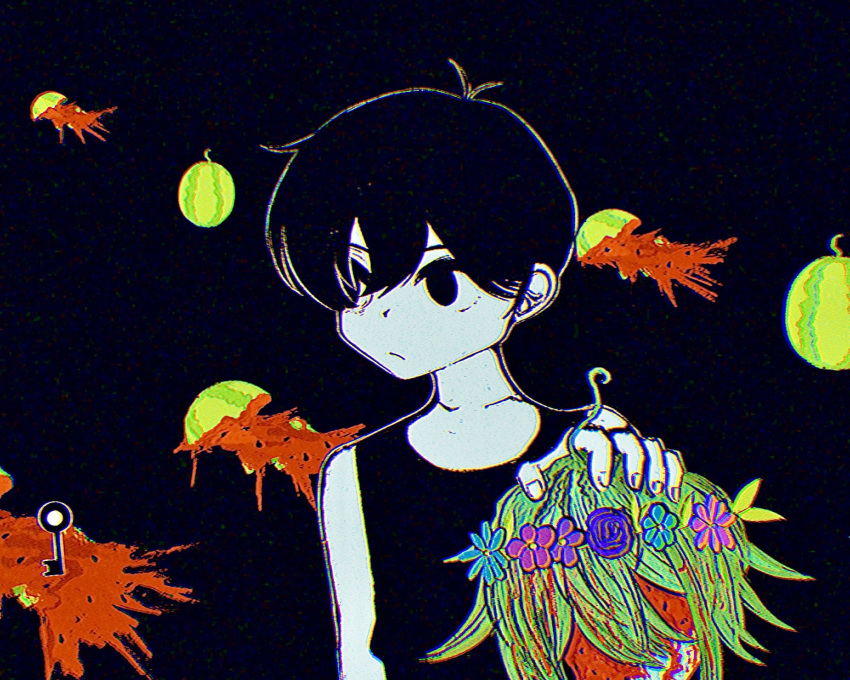 2boys antenna_hair basil_(headspace)_(omori) basil_(omori) black_eyes black_hair black_tank_top blood blood_on_face cfr9i closed_mouth collarbone colored_skin decapitation expressionless green_hair head_wreath highres male_focus multiple_boys omori omori_(omori) short_hair tank_top white_skin