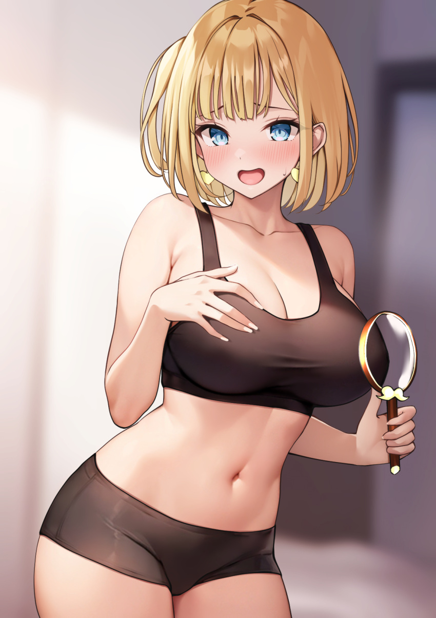 :d black_panties black_sports_bra blonde_hair blue_eyes blurry blurry_background blush breasts briefs cleavage commentary_request contrapposto earrings female hand_up heart heart_earrings highres holding holding_magnifying_glass hololive hololive_english indoors jewelry large_breasts looking_at_viewer magnifying_glass male_underwear median_furrow medium_hair navel one_side_up open_mouth otokucha panties smile solo sports_bra stomach underwear underwear_only virtual_youtuber watson_amelia