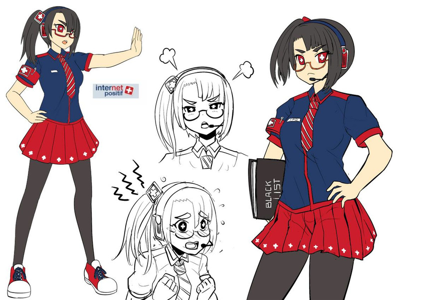 >:( +_+ armband black_hair blue_shirt blush female frown glasses headphones headset indonesian_text internet_positif ipo-chan necktie original pantyhose personification plus_sign red_eyes red_skirt reference_sheet rouzille shirt shoes side_ponytail skirt sneakers spring_roll_circle striped striped_necktie symbol-shaped_pupils tears v-shaped_eyebrows