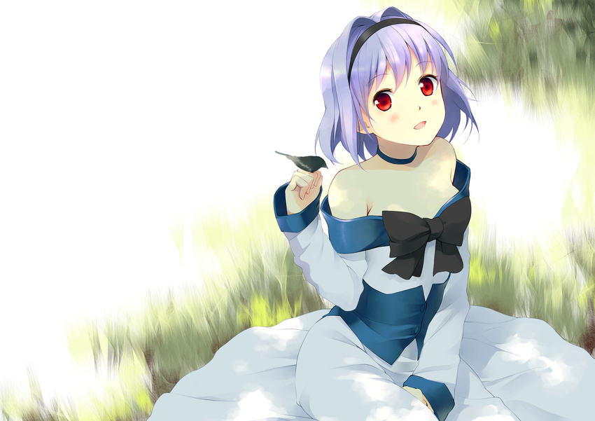 bare_shoulders bird circle_skirt commentary_request dappled_sunlight dress female highres off-shoulder_dress off_shoulder purple_hair red_eyes sarasa_ruri short_hair sitting solo strapless strapless_dress sunlight tokyo_underground yoshino_ryou