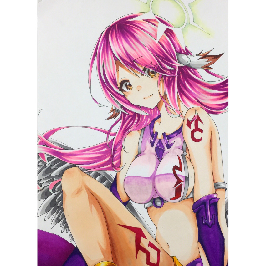 angel angel_wings animal_ears bird_ears breasts commentary crop_top feathered_wings female gloves halo highres jibril_(no_game_no_life) large_breasts long_hair low_wings magic_circle marker_(medium) midriff navel no_game_no_life pink_hair shinki_(user_srrn2727) sideboob solo spiked_halo tattoo traditional_media wing_ears wings yellow_eyes