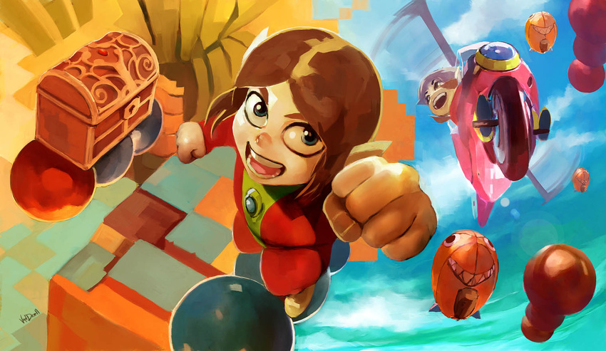 1boy aircraft alex_kidd alex_kidd_(character) arm_up blue_eyes brown_hair clenched_hands cloud commentary_request daniel_oduber day dirigible flying foreshortening from_above helicopter looking_at_viewer motor_vehicle motorcycle photoshop_(medium) pointy_ears raised_fist realistic signature treasure_chest