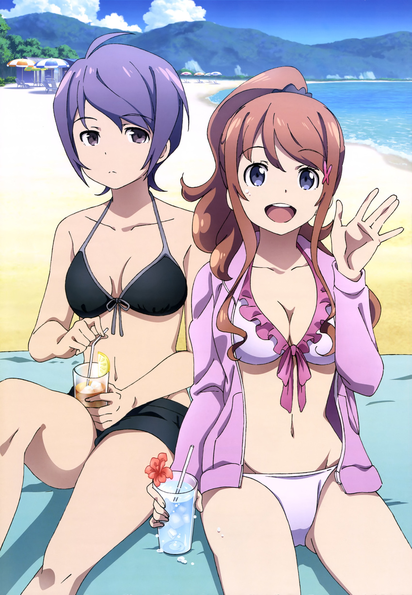 2girls absurdres beach bikini breasts classroom_crisis cleavage cloud day highres medium_breasts multiple_girls nyantype ocean official_art outdoors purple_hair red_hair sera_mizuki_(classroom_crisis) shirasaki_iris short_hair sky swimsuit water