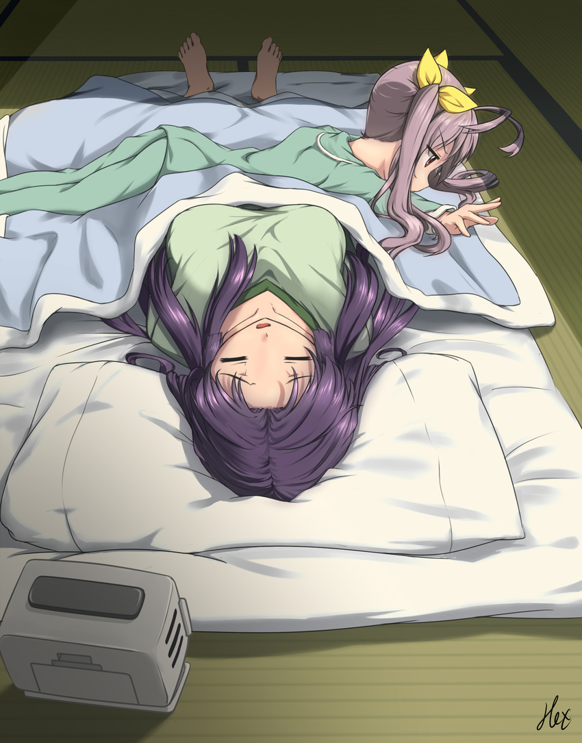 2girls alarm_clock antenna_hair artist_name barefoot bed_sheet breasts clock closed_eyes collarbone commentary_request futon hair_ribbon hex_(tanhexun) highres large_breasts long_hair lying miyauchi_kazuho miyauchi_renge multiple_girls non_non_biyori on_stomach open_mouth pajamas pillow profile purple_hair red_eyes ribbon siblings signature sisters tatami twintails