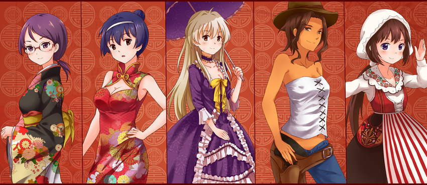 5girls blonde_hair blue_hair blush bow breasts brown_eyes brown_hair china_dress chinese_clothes choe_myeong_hwa choker cleavage commentary_request cowboy_hat cowboy_western dark-skinned_female dark_skin denim dress frilled_dress frills glasses hairband hand_on_own_hip hao_huiyu hat highres holding holster japanese_clothes jeans kimono leikangmin long_hair long_sleeves looking_at_viewer medium_breasts megan_davin multiple_girls nelly_virsaladze off_shoulder pants ponytail purple_dress purple_eyes purple_hair saki_(manga) short_hair smile standing tsujigaito_satoha umbrella