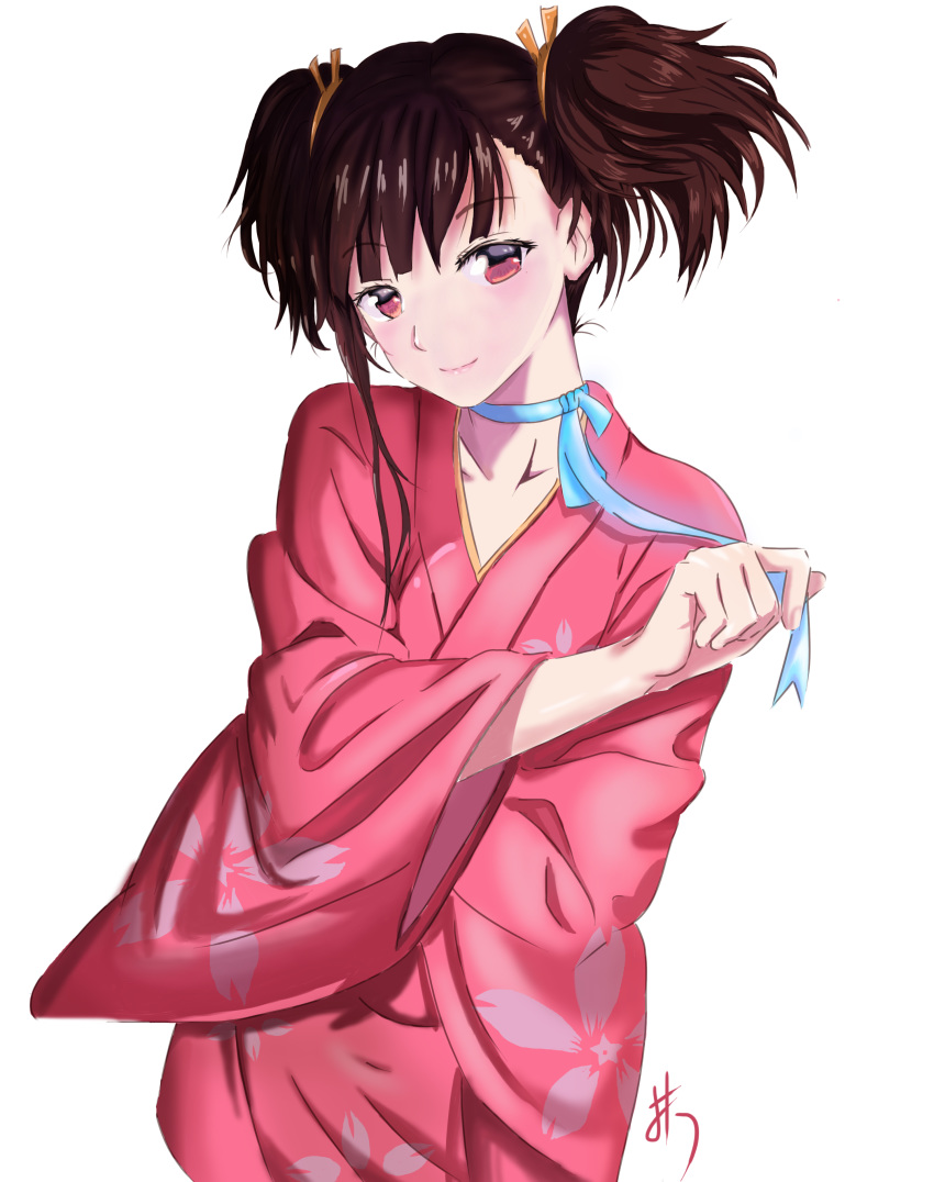 absurdres blue_ribbon brown_hair choker collarbone commentary_request derivative_work female floral_print hair_ribbon haohe_buguo highres japanese_clothes kimono koutetsujou_no_kabaneri long_sleeves looking_at_viewer mumei_(kabaneri) photoshop_(medium) pink_kimono print_kimono red_eyes ribbon ribbon_choker short_hair simple_background solo standing twintails white_background wide_sleeves yellow_ribbon