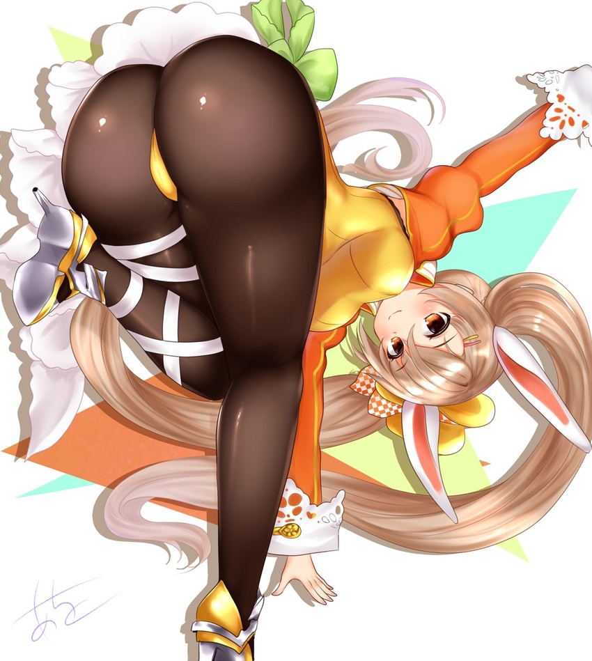 animal_ears ao_(ao_10bx) ass bad_id bad_twitter_id breasts brown_eyes brown_pantyhose commentary_request fake_animal_ears female flower_knight_girl from_behind high_heels highres kinrenka_(flower_knight_girl) light_brown_hair long_hair long_sleeves looking_at_viewer medium_breasts pantyhose playboy_bunny rabbit_ears solo twintails white_background