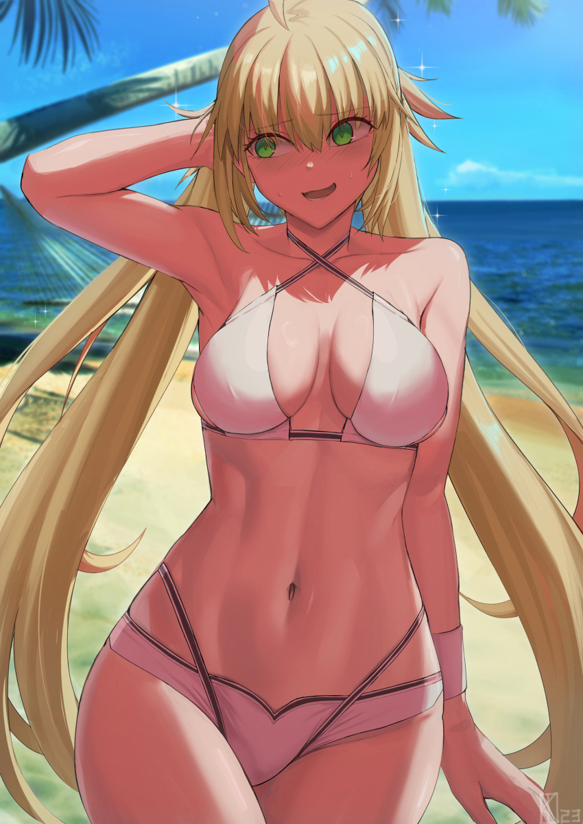 absurdres ahoge arm_behind_head arm_up armpits artoria_caster_(fate) artoria_caster_(swimsuit)_(fate) artoria_caster_(swimsuit)_(first_ascension)_(fate) artoria_pendragon_(fate) bare_shoulders beach bikini blonde_hair blue_sky blush breasts collarbone criss-cross_halter fate/grand_order fate_(series) female green_eyes halterneck highres kakeku long_hair looking_to_the_side medium_breasts navel open_mouth outdoors palm_tree shore sky smile solo sparkle swimsuit thighs tree twintails white_bikini