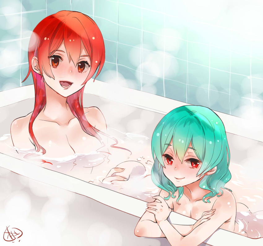 2girls :d aqua_hair bathing bathtub breasts cleavage closed_mouth collarbone hair_between_eyes highres indoors kyoubashi_amane long_hair looking_at_viewer medium_breasts momoyama_hinase morgana_(school_girl_strikers) multiple_girls nude open_mouth red_eyes red_hair same-sex_bathing school_girl_strikers shared_bathing smile straight_hair