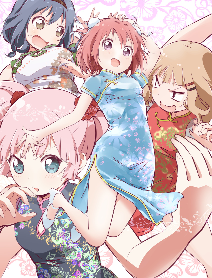 4girls :d akaza_akari angry blonde_hair blue_eyes blue_hair breasts brown_eyes bun_cover china_dress chinese_clothes commentary double_bun dress fighting_stance floral_background furutani_himawari hair_bun hair_ornament hairband hairclip highres jumping kamiki_uutarou looking_at_viewer medium_breasts multiple_girls oomuro_sakurako open_mouth pink_hair purple_eyes red_hair shoes single_hair_bun small_breasts smile sweatdrop symbol-only_commentary twintails yoshikawa_chinatsu yuru_yuri