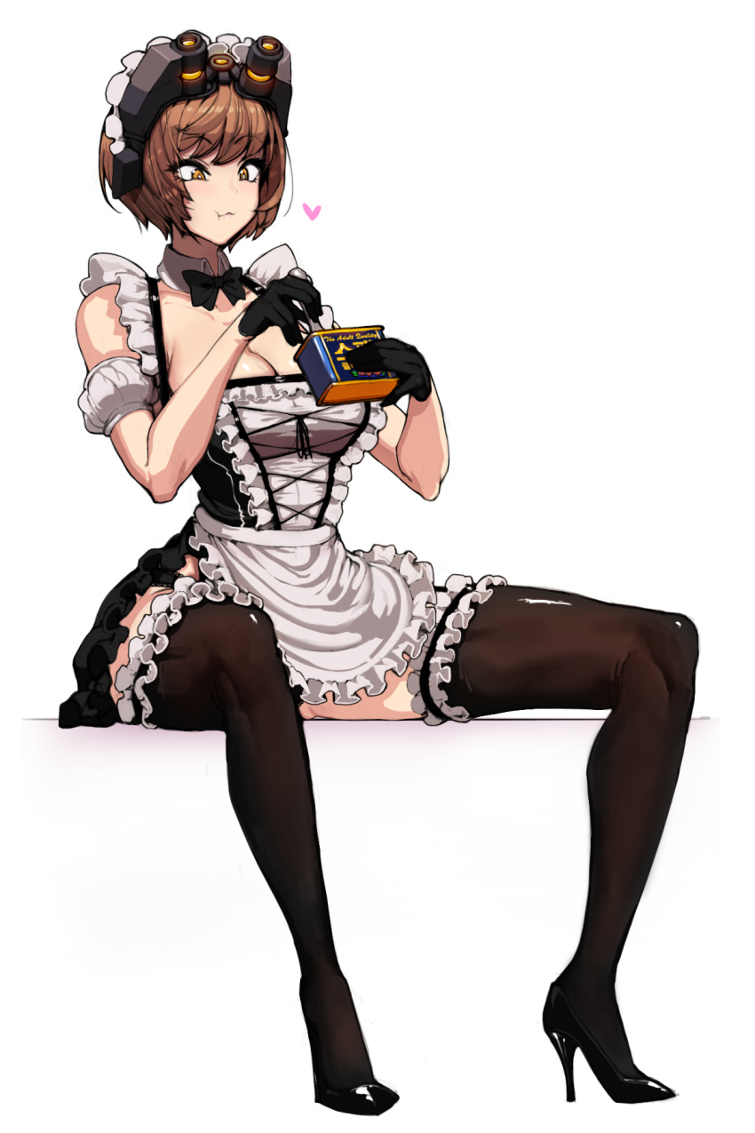 :t bad_id bad_pixiv_id black_gloves black_thighhighs breasts brown_eyes brown_hair brownie_(last_origin) cleavage detached_collar eating female food full_body gloves goggles goggles_on_head happening18 heart high_heels highres korean_commentary last_origin maid maid_headdress short_hair simple_background sitting solo spam_(food) thighhighs white_background