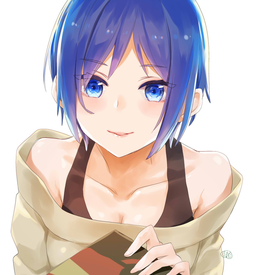 blue_eyes blue_hair box breasts cleavage collarbone female grey_sweater highres holding holding_box looking_at_viewer momoyama_hinase no_eyewear off-shoulder_sweater off_shoulder parted_lips rinoda_mano school_girl_strikers short_hair simple_background small_breasts smile solo sweater upper_body white_background