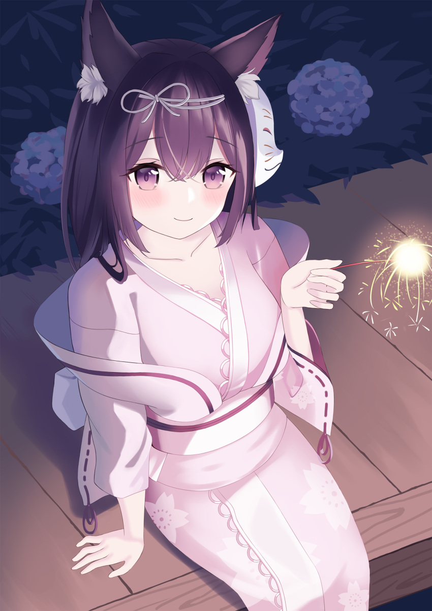 absurdres animal_ear_fluff animal_ears arashio_(azur_lane) arashio_(the_gentlest_firework)_(azur_lane) azur_lane bad_id bad_pixiv_id cat_ears cat_girl female fireworks flower fox_mask from_above highres hydrangea japanese_clothes kimono looking_at_viewer mask mask_on_head official_alternate_costume pink_kimono purple_eyes purple_hair sash senkou_hanabi sharoka sitting solo sparkler white_sash yukata