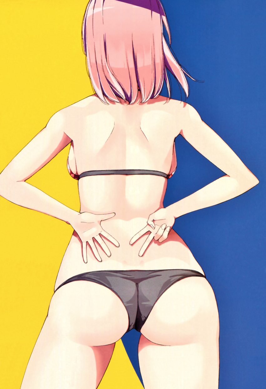 arms_behind_back ass back backboob bare_arms bare_legs bare_shoulders bikini black_bikini breasts facing_away female fingernails from_behind gimp_(medium) halterneck harukana_receive highres legs_apart medium_breasts medium_hair nape nyoijizai official_art open_hand orange_hair scan shoulder_blades simple_background skindentation solo standing string_bikini swimsuit tachibana_ayasa thighs v wide_hips