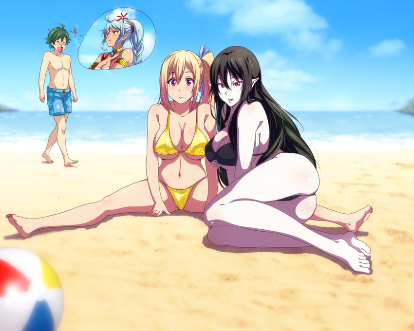 1boy 3girls :d :t ahoge anger_vein armband ass ball barefoot beach beachball bikini black_bikini black_hair blood blue_hair braid brown_hair character_request commentary crossed_arms day enigma_(phantom_world) hair_between_eyes hair_ribbon ichijou_haruhiko kawakami_mai long_hair looking_at_viewer male_swimwear mole mole_on_thigh mole_under_eye multiple_girls musaigen_no_phantom_world navel nosebleed open_mouth outdoors pointy_ears purple_eyes red_eyes ribbon ruru_(phantom_world) sand sbel02 side_ponytail smile spread_legs swim_trunks swimsuit symbol-only_commentary water yellow_bikini