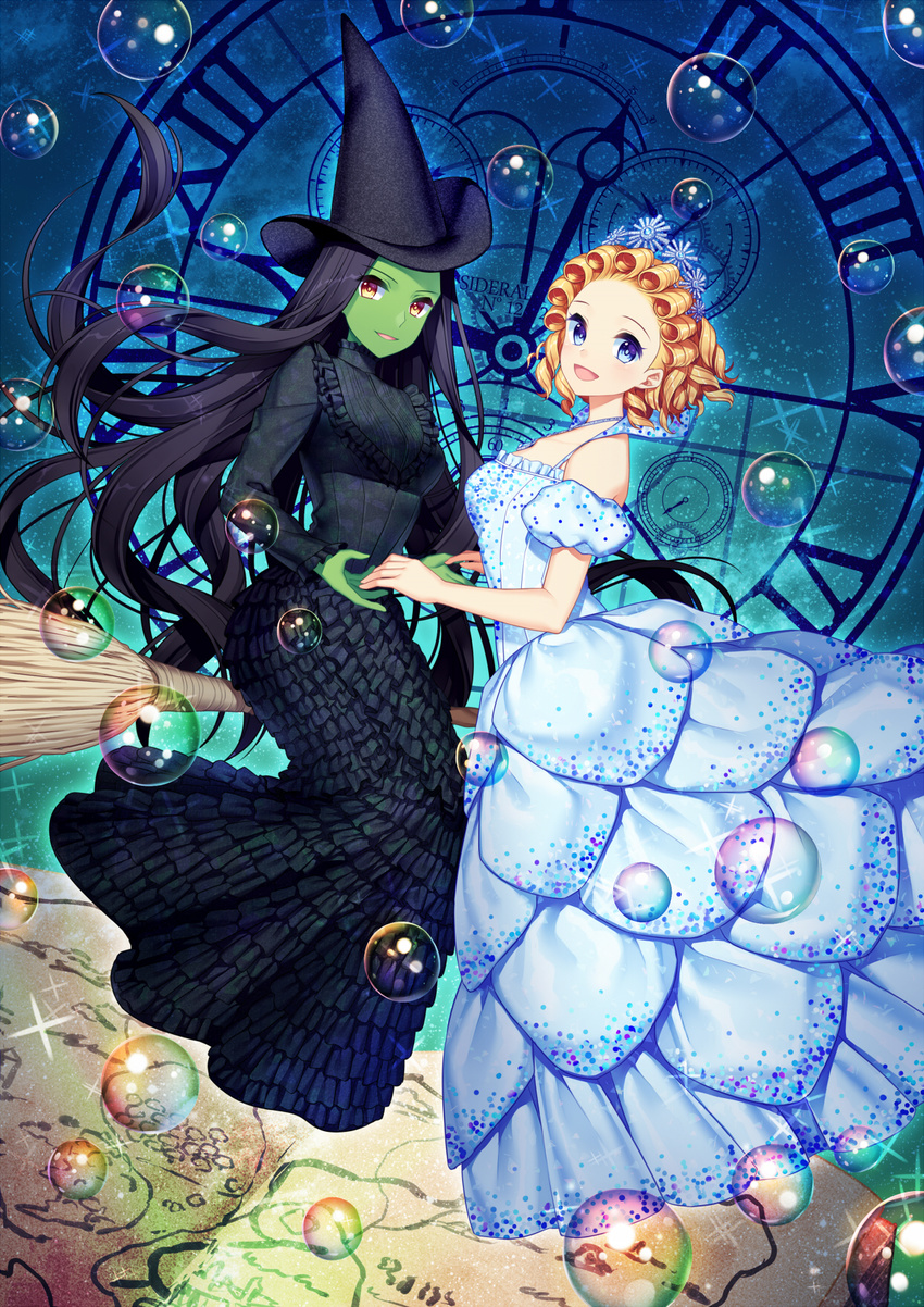 2girls animification black_hair blonde_hair blue_eyes bubble colored_skin commentary_request dress elphaba_thropp glinda good_witch_of_the_north green_skin highres holding_hands jenevan multiple_girls red_eyes roman_numeral smile wicked wicked_witch