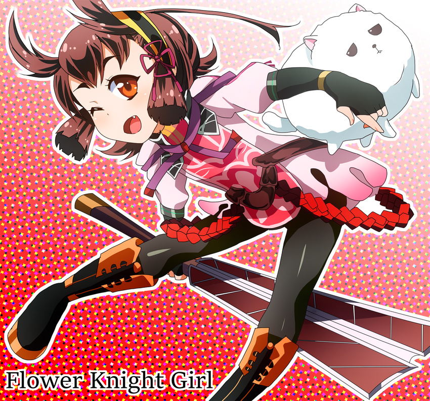 ;d antenna_hair black_gloves black_pantyhose blunt_sidelocks boots brown_eyes brown_hair canine commentary_request copyright_name female fingerless_gloves flower_knight_girl gloves hairband highres inutade_(flower_knight_girl) knee_boots leaning_forward masako_(sabotage-mode) one_eye_closed open_mouth pantyhose photoshop_(medium) reverse_grip shirt short_hair sidelocks smile solo sword weapon