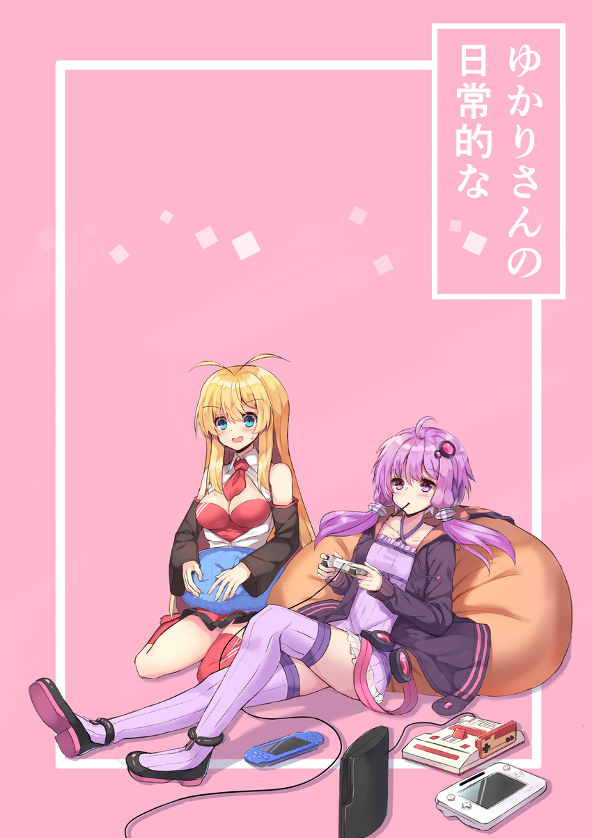 2girls absurdres bean_bag_chair blonde_hair blush breasts character_name cleavage closed_mouth commentary_request controller food game_console game_controller green_eyes highres hopepe large_breasts long_hair looking_away multiple_girls necktie parted_lips pink_background pocky purple_eyes purple_hair purple_legwear red_legwear red_necktie seiza short_hair_with_long_locks sitting smile thighhighs tsurumaki_maki vocaloid voiceroid wii_u wii_u_gamepad yuzuki_yukari