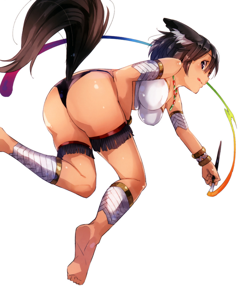 :q absurdres animal_ears ankle_wrap armband ass bare_shoulders barefoot black_panties bracelet breasts brown_hair dark-skinned_female dark_skin elbia_hernaiman female highres impossible_clothes impossible_shirt jewelry large_breasts looking_back necklace outbreak_company paintbrush panties purple_eyes scan shiny_skin shirt short_hair simple_background solo strapless tail tongue tongue_out tube_top underwear white_background yuugen