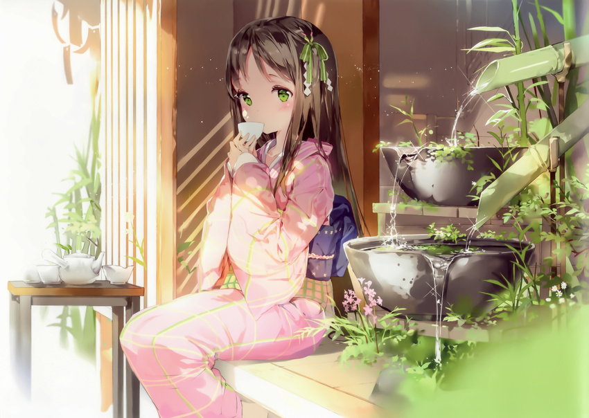 absurdres anmi bamboo basin blurry blush brown_hair cup day depth_of_field drinking eyelashes feet_out_of_frame female fountain green_eyes green_ribbons hair_ornament hair_ribbon highres holding japanese_clothes kimono light_particles long_hair long_sleeves looking_at_viewer obi original outdoors pink_kimono plant ribbon sash scan shadow side_handle_teapot sitting sleeves_past_wrists solo sparkle straight_hair table teacup teapot very_long_hair water wide_sleeves yunomi