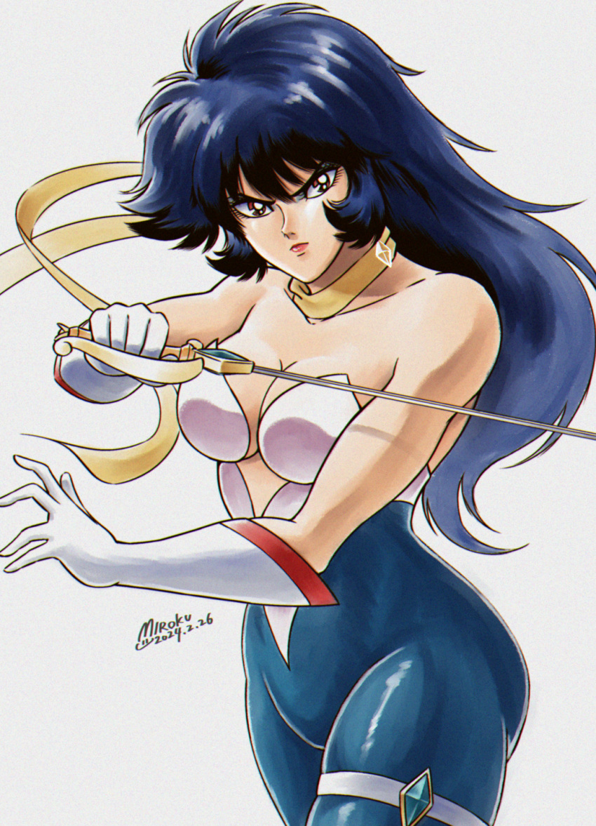 artist_name blue_eyeshadow blue_hair breasts cleavage collarbone cutie_honey_flash dated elbow_gloves eyeshadow female gloves highres holding holding_sword holding_weapon impossible_clothes long_hair magical_girl makeup medium_breasts miroku_(miroku_t) misty_honey_(flash) nagai_gou_(style) parody red_lips retro_artstyle scarf serious sidelocks signature simple_background sleeveless solo standing style_parody sword two-tone_bodysuit v-shaped_eyebrows weapon white_background wide_hips yellow_scarf