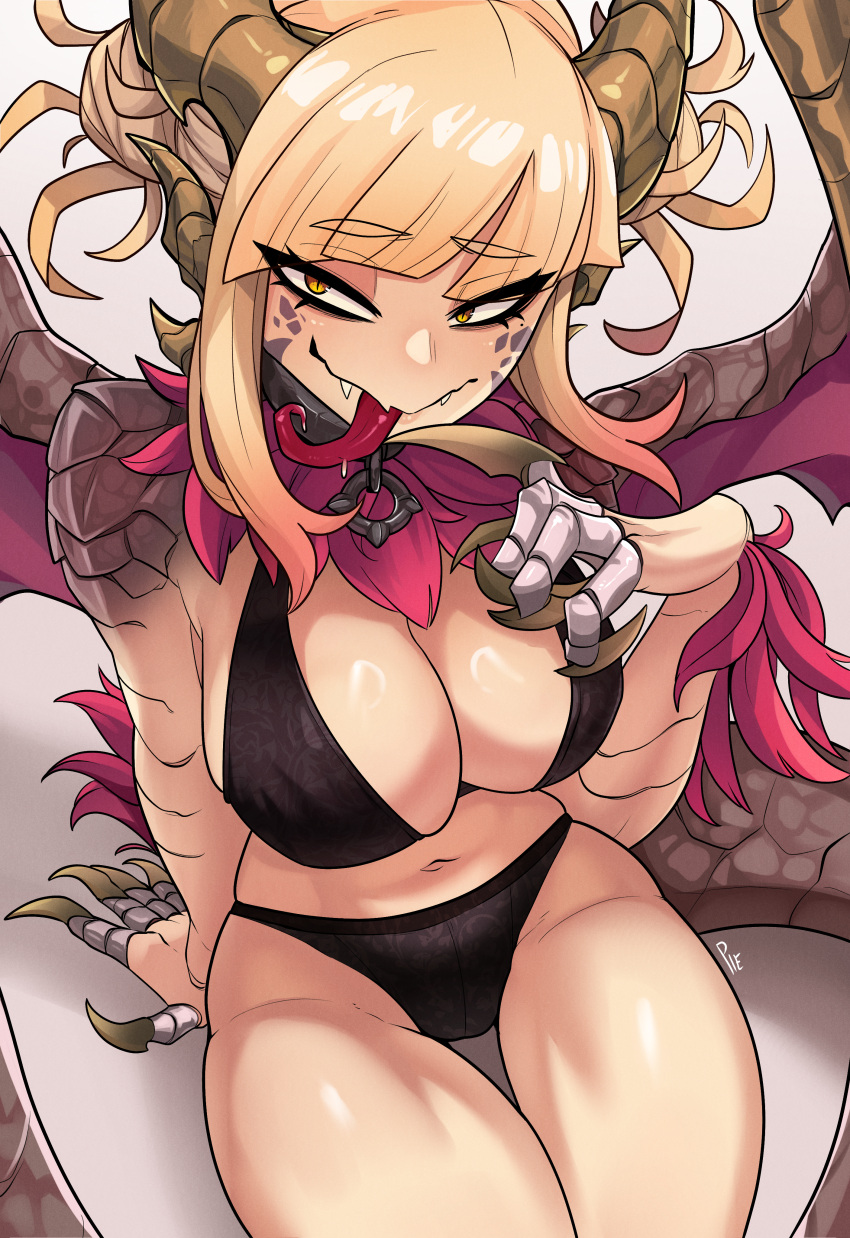 absurdres arm_support black_panties blonde_hair boku_no_hero_academia breasts chinese_new_year choppy_bangs claws cleavage closed_mouth dragon_girl dragon_horns dragon_tail dragon_wings english_commentary fangs fangs_out female hand_up highres hip_dips horns large_breasts long_hair long_tongue looking_to_the_side malzeno_(monster_hunter) messy_hair monster_hunter_(series) monster_hunter_rise narrowed_eyes panties scales shiny_skin simple_background sitting skindentation slit_pupils smile solo tail thigh_gap toga_himiko tongue tongue_out underwear unusualpie white_background wings yellow_eyes