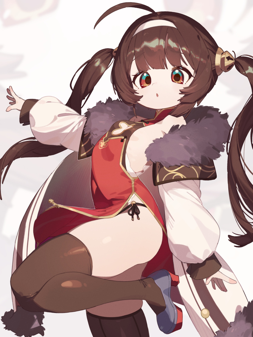 absurdres ahoge azur_lane black_thighhighs breasts brown_hair china_dress chinese_clothes cowboy_shot dress female hair_rings headband highres leg_up long_hair long_sleeves looking_at_viewer mosou_keito open_mouth ping_hai_(azur_lane) red_dress red_eyes small_breasts solo standing standing_on_one_leg thighhighs twintails white_background