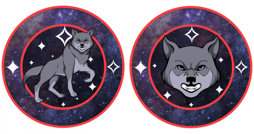 2020 angry black_eyes canid canine canis cosmic_background eyebrows fangs feral fluffy fluffy_tail fur galaxy grey_body grey_fur heraldry logo looking_at_viewer male mammal simple_background solo star star_trek tail teeth thepimpartist threatening traditional_media_(artwork) white_background wolf