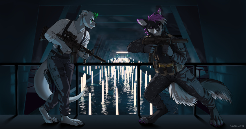 2022 anthro barefoot canid canine catwalk clothed clothing dark digital_media_(artwork) duo feet fighting_pose full-length_portrait fully_clothed green_eyes green_hair gun hair hi_res high_place holding_gun holding_object holding_ranged_weapon holding_weapon james_bond_(series) kero_tzuki male mammal portrait pose purple_hair ranged_weapon weapon