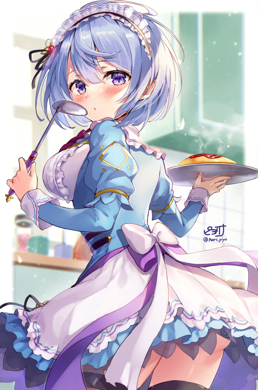 absurdres artist_name ass blue_hair blush breasts commentary_request female flower_knight_girl food from_behind highres indoors ipheion_(flower_knight_girl) kitchen ladle large_breasts long_sleeves looking_at_viewer looking_back maid maid_headdress omelet omurice piyoyanagi purple_eyes short_hair solo thighhighs twitter_username underbutt