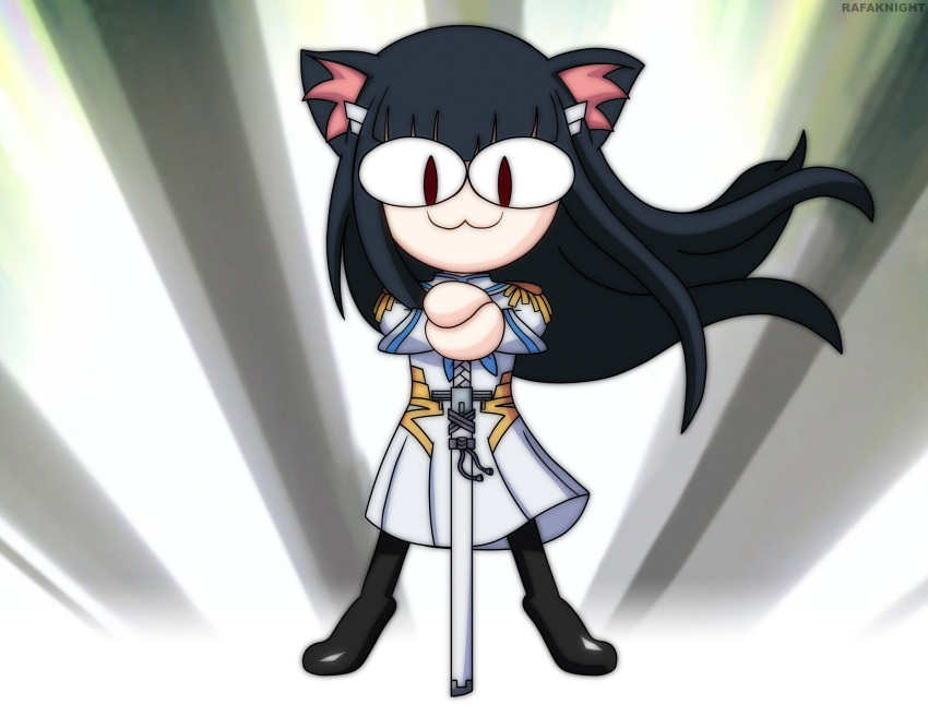 :3 absurdres animal_ears black_hair black_legwear cat_ears dress female floating_hair highres junketsu katana kill_la_kill kiryuuin_satsuki long_hair neco-arc rafaknight sheath slit_pupils sword tassel tsukihime voice_actor_connection weapon white_dress yuzuki_ryouka