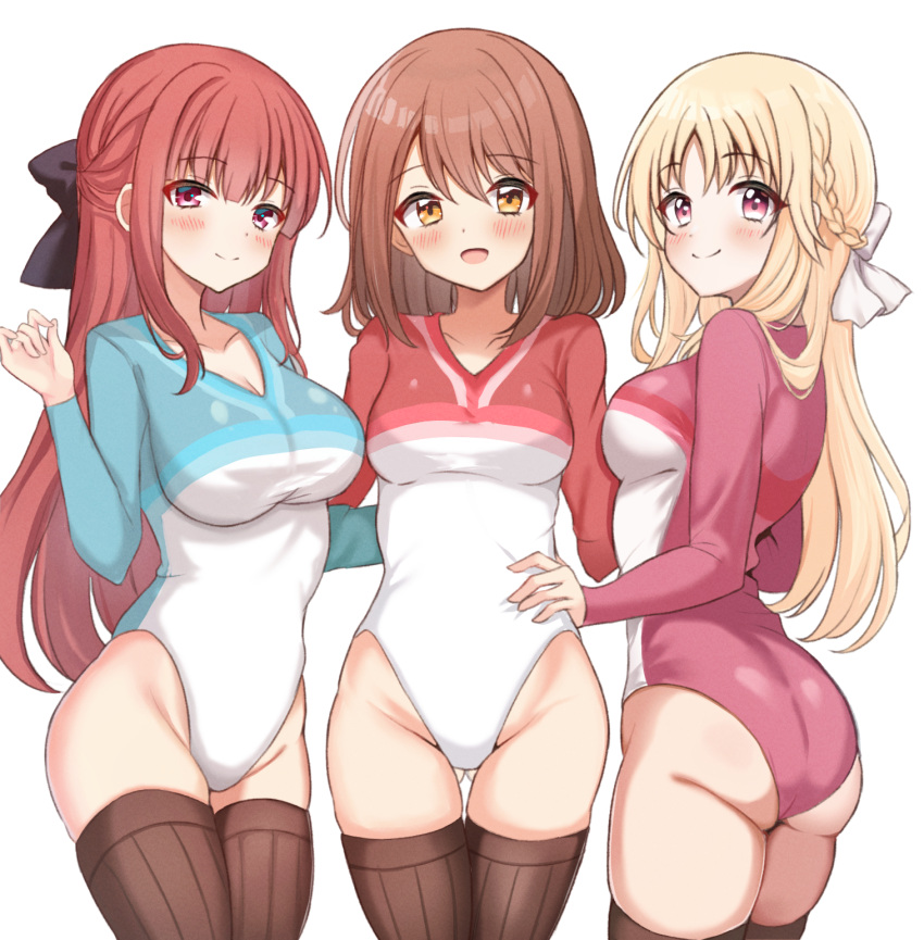 3girls amatsu_kanata ass ass_visible_through_thighs athletic_leotard black_bow blonde_hair blue_leotard bow braid breasts brown_eyes brown_hair brown_thighhighs commentary_request commission crown_braid daysss girlfriend_(kari) gymnastics hairbow half_updo highleg highleg_leotard highres large_breasts leotard long_hair long_sleeves medium_breasts multicolored_leotard multiple_girls pink_leotard red_eyes red_hair red_leotard rhythmic_gymnastics sasahara_nonoka shiina_kokomi short_hair simple_background skeb_commission thigh_gap thighhighs white_background