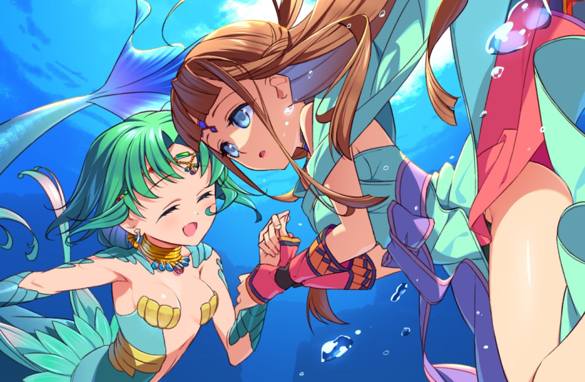 2girls blue_eyes brown_hair closed_eyes green_hair jewelry mermaid monster_girl multiple_girls shiho_(valkyrie_profile) short_hair swimming valkyrie_profile_(series) water yumei_(valkyrie_profile) yunde_(twez3727)