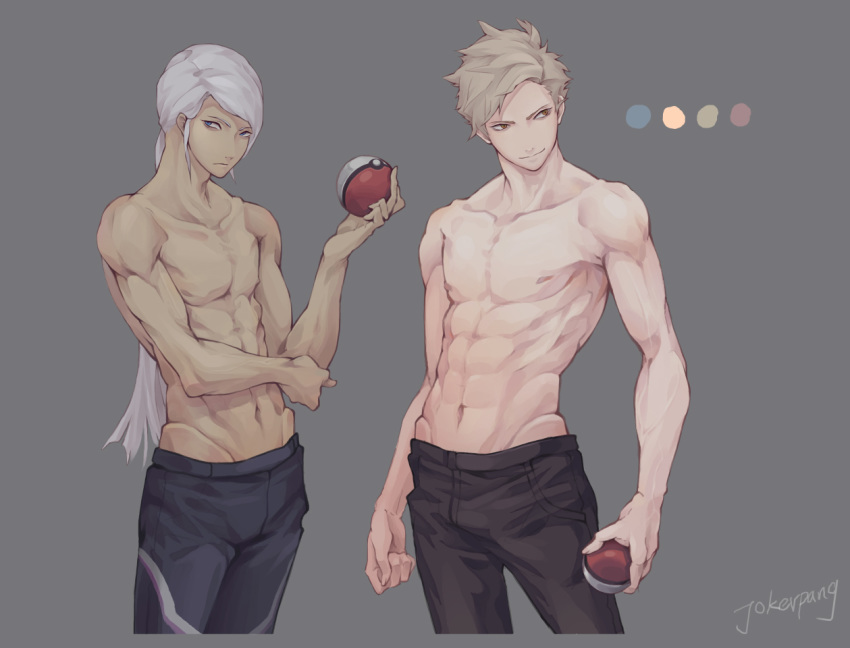 2boys areolae black_pants blanche_(pokemon) blonde_hair blue_eyes brown_eyes closed_mouth collarbone cowboy_shot dark-skinned_male dark_skin english_commentary genderswap_(otm) grey_background groin holding holding_poke_ball jokerpang long_hair looking_at_viewer looking_to_the_side male_focus multiple_boys navel nipples pants photoshop_(medium) poke_ball poke_ball_(basic) pokemon pokemon_go rule_63 short_hair signature simple_background smile spark_(pokemon) standing toned toned_male topless_male veins white_hair