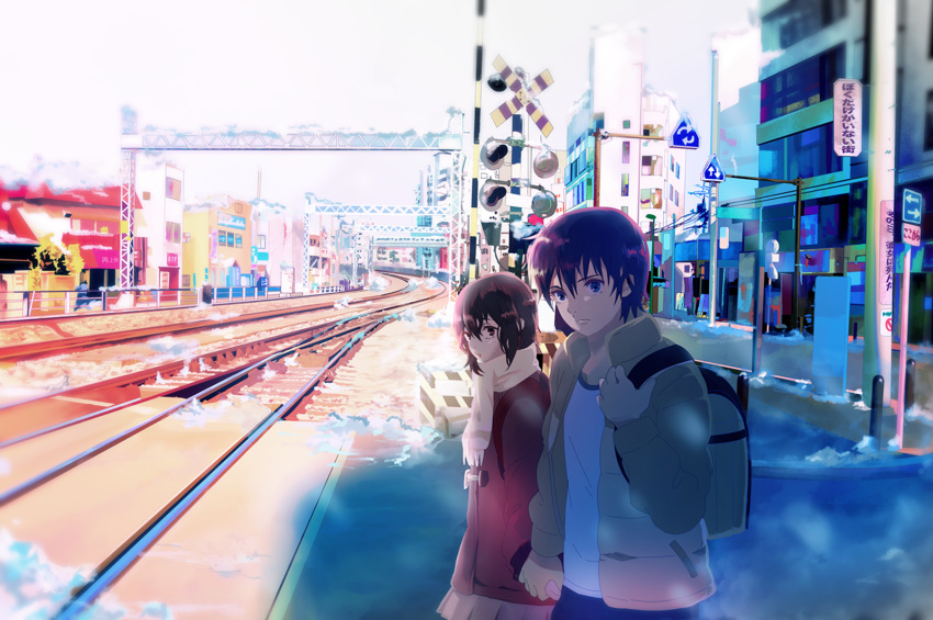 1boy backpack bag black_hair blue_eyes boku_dake_ga_inai_machi bollard boom_barrier brown_eyes brown_hair brown_skirt building city cityscape closed_mouth coat commentary down_jacket female from_side fujinuma_satoru hair_between_eyes highres hinazuki_kayo holding_hands holding_strap jacket looking_at_viewer looking_to_the_side mittens outdoors overcast parted_lips pink_mittens pleated_skirt railroad_crossing railroad_signal railroad_tracks red_coat road road_sign scarf shirt short_hair short_sleeves side-by-side sign skirt sky snow t-shirt taiji_(th7kmwr) toggles upper_body utility_pole walking white_shirt yellow_scarf