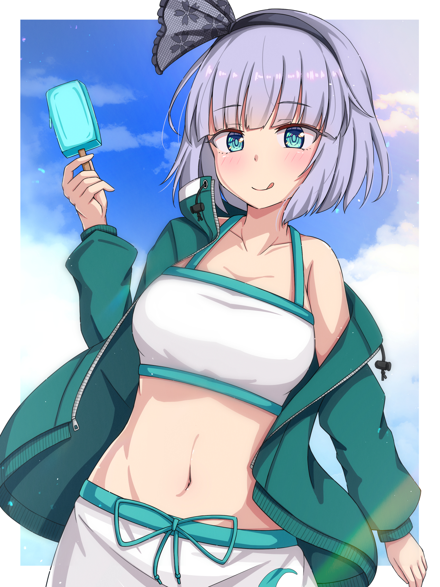 :q bikini black_hairband blue_sky closed_mouth cloud female green_eyes green_jacket grey_hair hairband highres jacket konpaku_youmu konpaku_youmu_(sunny_dual-wielder) looking_at_viewer navel outdoors rimasu71 short_hair sky smile solo swimsuit tongue tongue_out touhou touhou_lostword upper_body white_bikini