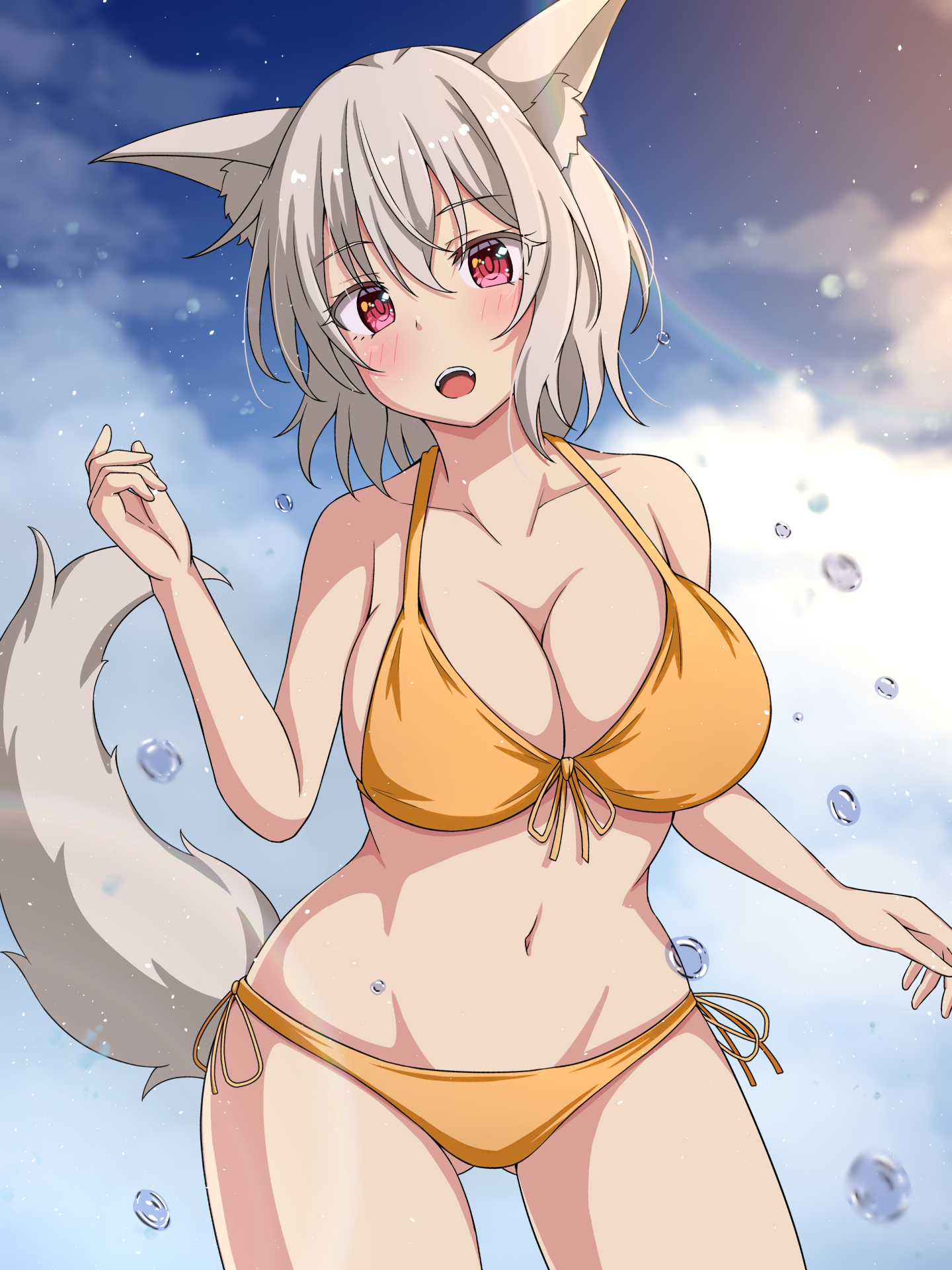 animal_ear_fluff animal_ears bikini breasts cleavage cloud commentary_request female highres inubashiri_momiji large_breasts looking_at_viewer navel open_mouth outdoors red_eyes rimasu71 short_hair solo swimsuit tail teeth touhou upper_teeth_only wolf_ears wolf_girl wolf_tail yellow_bikini