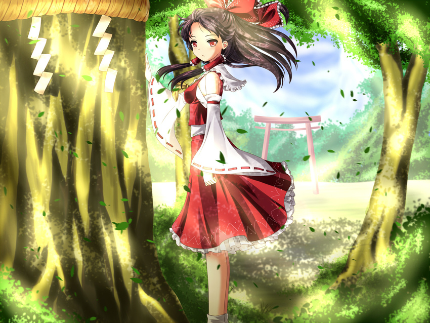 ankle_socks azutan bare_shoulders blue_sky bow breasts brown_hair cloud commentary covered_nipples day detached_sleeves expressionless female from_side hair_tubes hairbow hakurei_reimu hand_rest highres leaf long_hair looking_at_viewer outdoors red_bow red_eyes red_skirt rope shade shide shimenawa sidelocks skirt skirt_set sky small_breasts socks solo torii touhou tree tree_shade wind